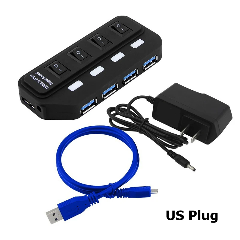 4 Ports with US Plug Высокая Скорость usb-хаб 3,0 4/7 Порты и разъёмы USB 3,0 концентратор 5 Гбит/с разветвитель на переключатель включения/выключения на соответствие стандарту ЕС/США/AU/UK Мощность адаптер для MacBook ноутбука ПК - Цвет: 4 Ports with US Plug