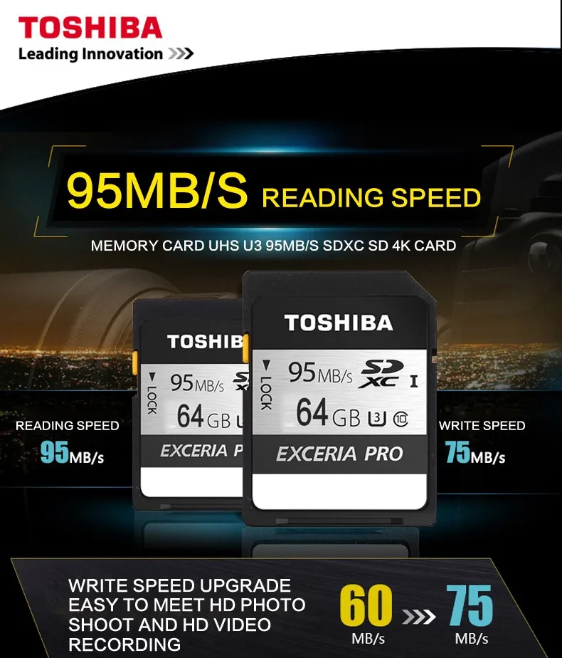 Карта памяти Toshiba UHS U3 128 ГБ 95 МБ/с. SDXC 64 Гб SD 4K карта 32 Гб SDHC карты флэш EXCERIA PRO цифровой зеркальной Камера видеокамера DV