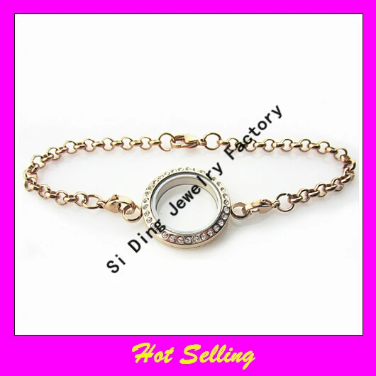 

Hot selling stainless steel screw floating locket bracelet rose gold twist linking with crystals glass lockets 25mm