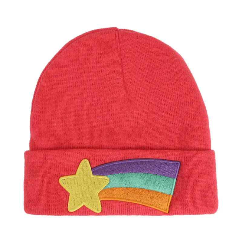 Вязаные зимние женские шапки со звездой и радужной вышивкой Милая Красная