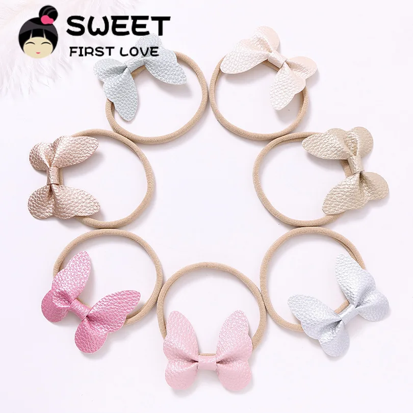 7pcs a lot headbands 7 шт., милая детская повязка на голову из искусственной кожи, весенние повязки на голову с бабочками для девочек, яркие цвета, мягкие нейлоновые аксессуары для волос - Цвет: 7pcs a lot headbands