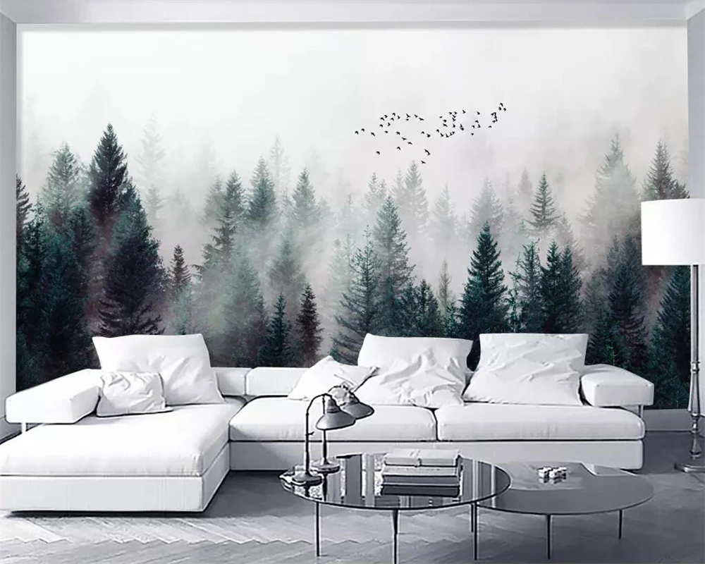3d wallpaper Modern fresh foggy forest clouds flying birds Nordic TV background wallpaper living room bedroom murals