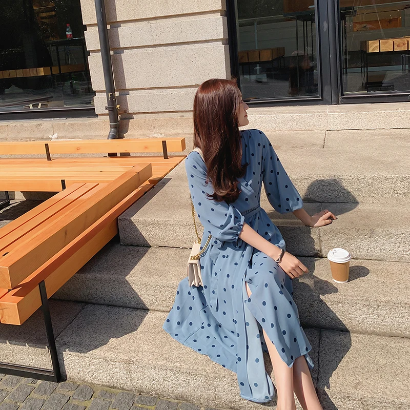 Женское платье с принтом в горошек популярное летнее винтажное средней длины