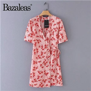 C14 red 1238 Bazaleas Франция фиолетовое мини Анисовое платье в горошек модное женское платье с завязками сбоку винтажное платье с запахом Прямая поставка - Цвет: C14 red 1238
