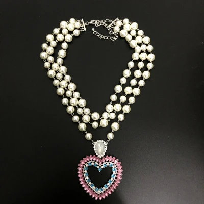 pink-necklace Qiaose Новое жемчужное колье ручной работы с кулон в виде сердца со стразами ожерелье ювелирные изделия ожерелье в богемном стиле Женское Ожерелье - Окраска металла: pink-necklace
