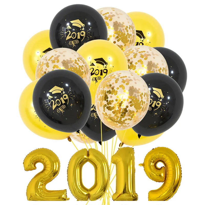 

19 Pac/Lot, 2019, шарики конфетти из фольги, золотой, черный, розовое золото, шляпа для бакалавра, латексные шары для вечеринок