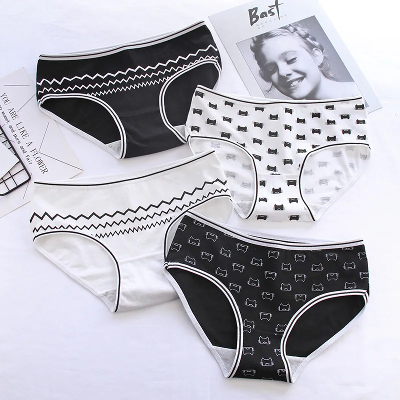 2018 трусы нижнее белье для девочек с принтом кота подростков черно белые трусики