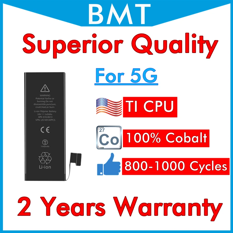 BMT оригинальный 10 шт. аккумулятор высшего качества для iPhone 5 5G 100% кобальтовая