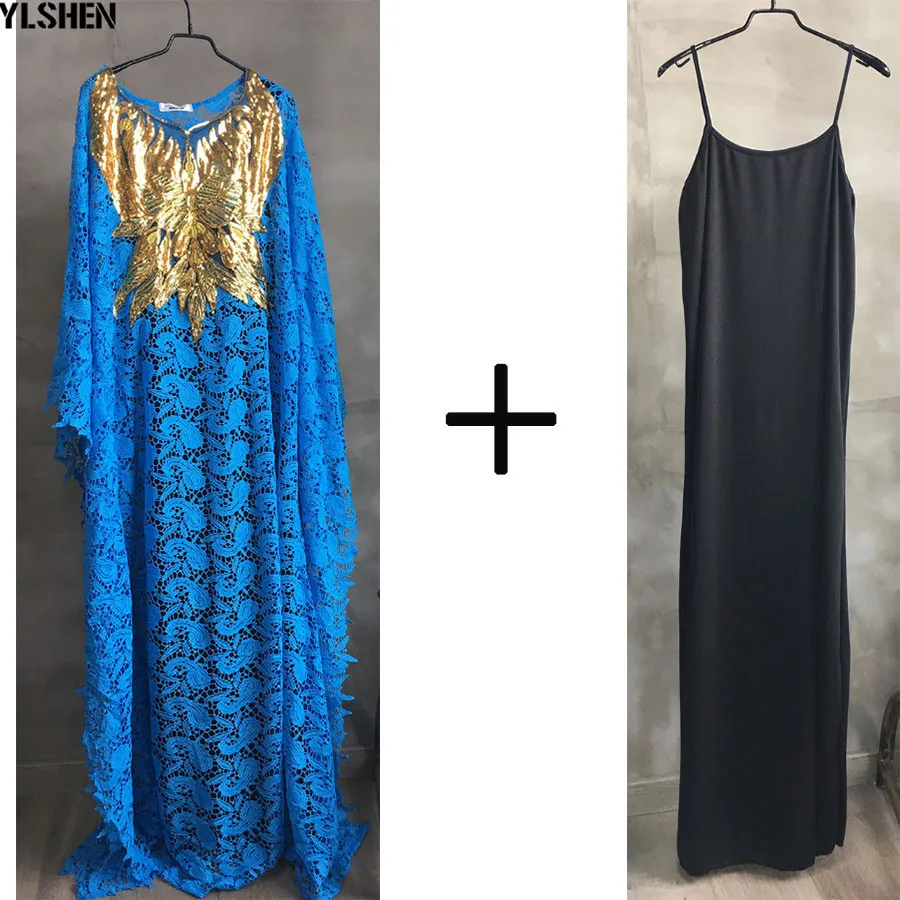 Blue 2 piece set Большие размеры, длинные африканские платья для женщин, Дашики, модные водорастворимые кружевные свободные юбки с вышивкой бисером, бубоу, африкаин - Цвет: Blue 2 piece set
