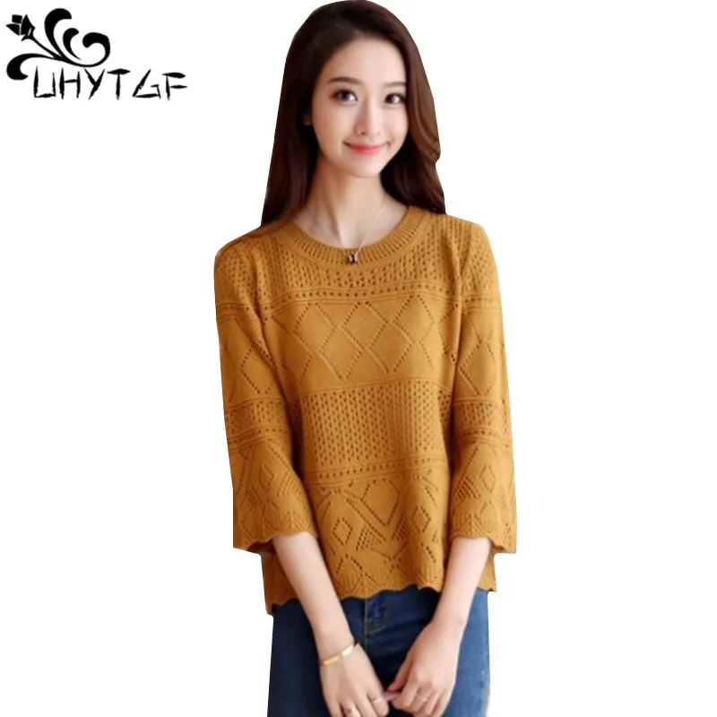 

UHYTGF Spring autumn sweaters women Hollow Knit pullover Sweater coats Loose plus size tops Wild Casual thin sweater women 561