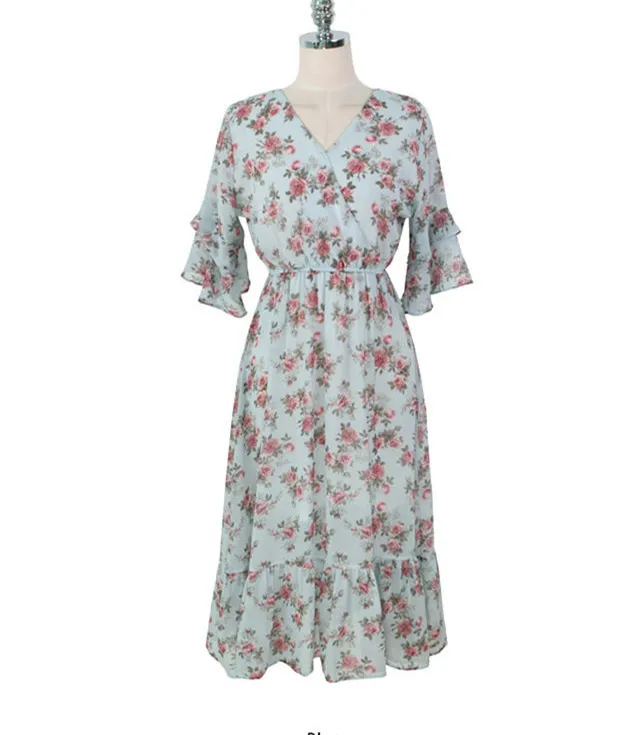Blue Большие размеры, летнее платье для девочек, Boho, вечерние, женские, винтажные платья, шифоновое, синее, розовое, с принтом, с коротким рукавом, женские платья, LongRobe Vestido - Цвет: Blue