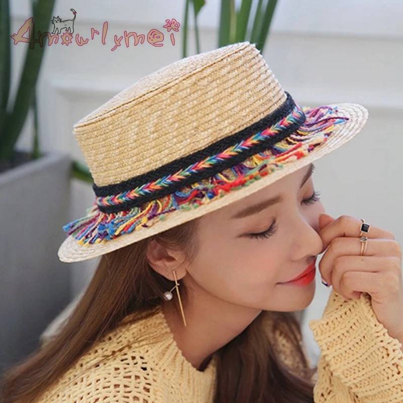 Шляпа женская Соломенная с бахромой милая Стильная шапка от солнца Пляжная в