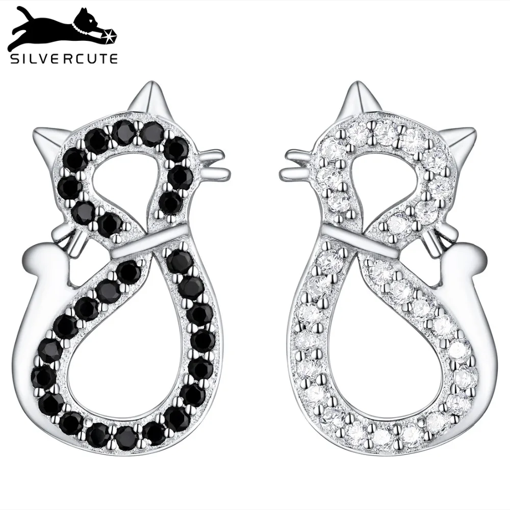 SILVERCUTE CZ черные/белые серьги-гвоздики с кошкой из стерлингового серебра 925 пробы