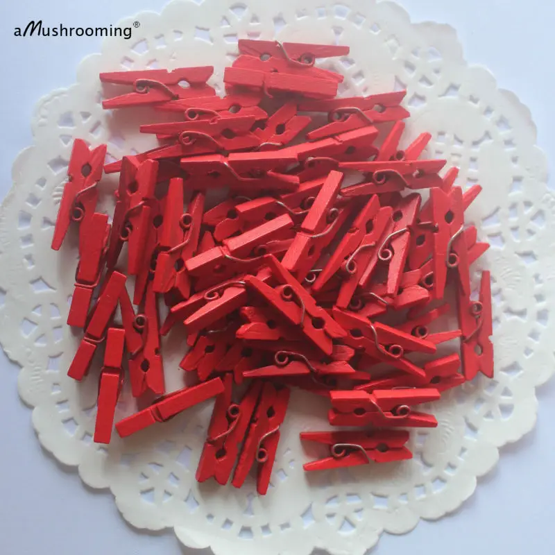 (100 шт./лот) 25 мм красные Мини Деревянные прищепки для одежды | весенний баннер Фото