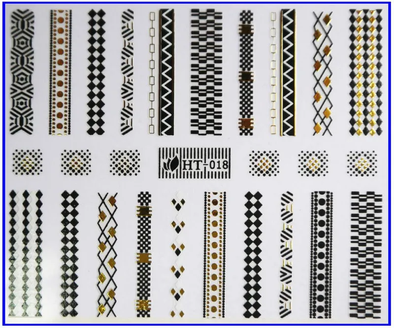 HT018 BLACK GOLD 1х самоклеющиеся черные, белые, золотые, серебряные металлические наклейки для дизайна ногтей, слайдер, кружевная шахматная доска, цепочка, гитара, пианино, HT16-18 - Цвет: HT018 BLACK GOLD