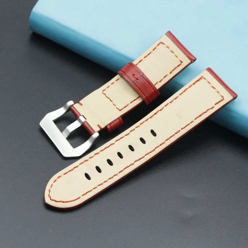 24mm Watchbands Retro Red Genuine Leather Watch band Strap watch accessories bracelet stainless steel buckle for Panerai | Наручные часы