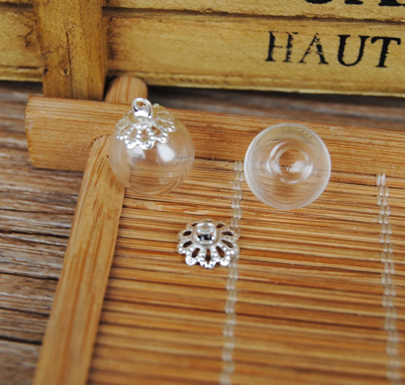 

New Free ship!!! 50sets/lot 12mm*3mm(opening) glass globe bubble with flower cap set DIY Glass bottle vial pendant