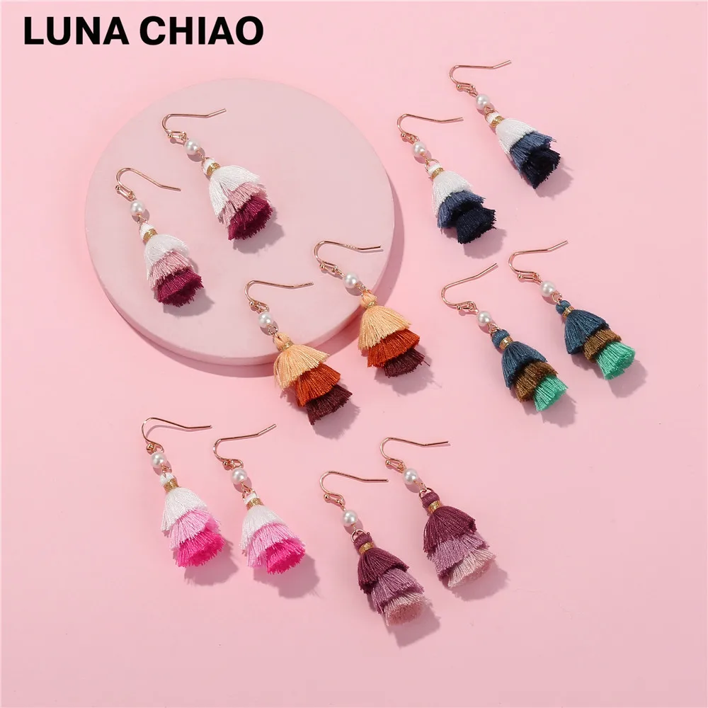 Женские мини серьги LUNA CHIAO разноцветные Многослойные хлопковые с кисточками и