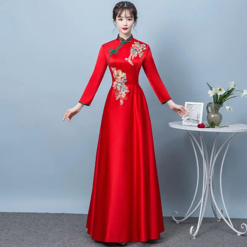 Белые свадебные туфли чонсам, Восточный стиль Для женщин свадебные Qipao элегантный в китайском стиле длинное платье роскошный халат Платья для вечеринок Vestido S-4XL - Цвет: Red - C