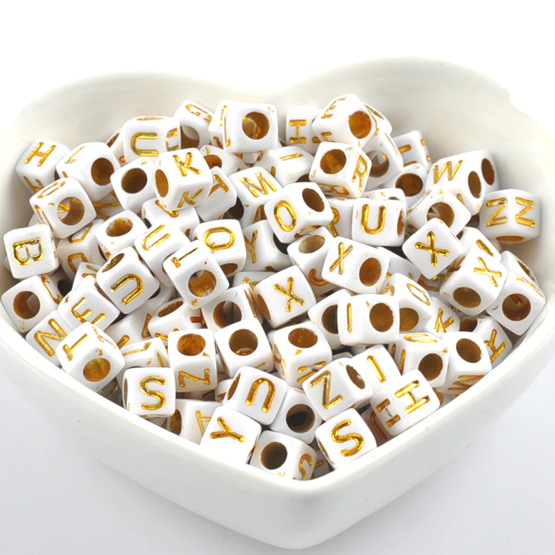 200 шт смешанные белые и золотые акриловые алфавиты/буквы Квадратные бусины пони