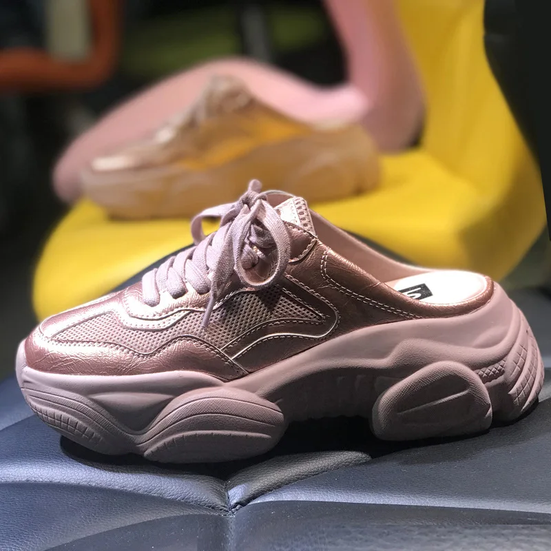 Шлепанцы женские из натуральной кожи на платформе 5 см серебристо-розовые | Обувь