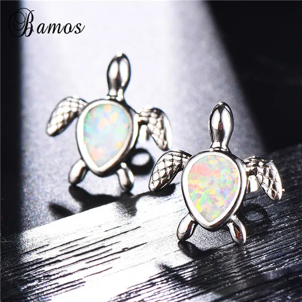 White Opal Bamos черепаха серьги гвоздики забавные серьги в виде животных синие/белые опаловые серьги 925 серебро для женщин Свадебные украшения - Окраска металла: White Opal