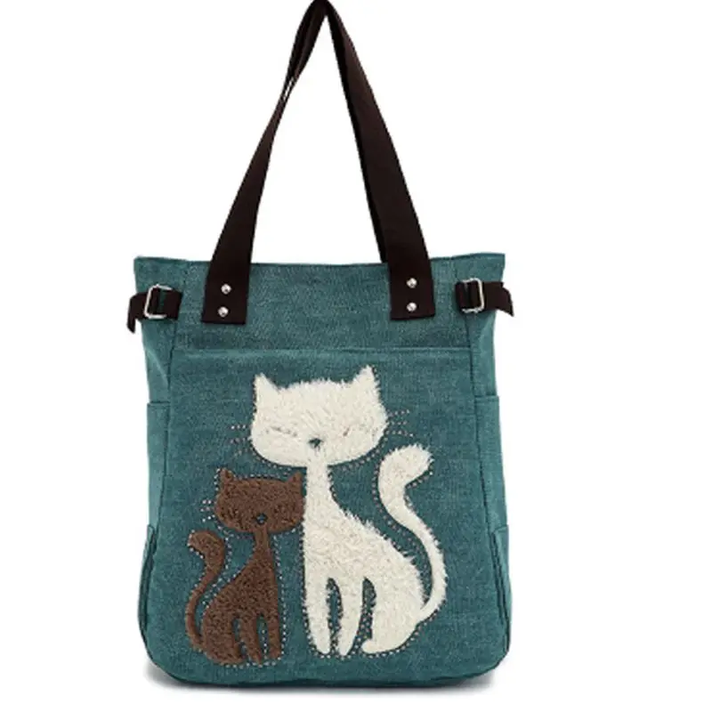 Сумка женская холщовая с аппликацией кота модный саквояж на плечо повседневный