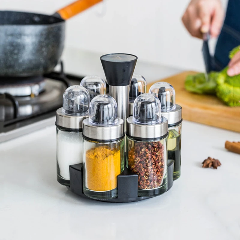 Новая Вращающаяся стеклянная банка для приправ комплект из 6 предметов модная