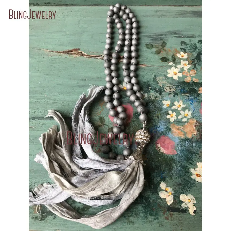 

Bohemia Necklace Hand Knot Silver Grey Agates Druzy Geode Beads Necklace with Shabby BoHo Gray Sari Silk Tassel NM11308