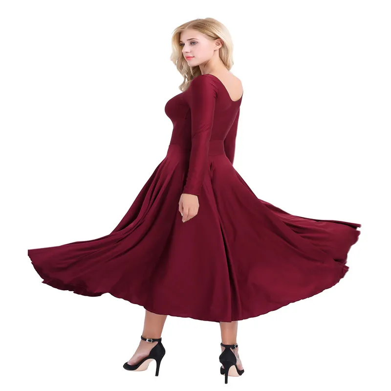 Wine Red Женское профессиональное балетное сценическое платье с длинным рукавом, свободный крой, литургическая юбка для танцев, лирический современный костюм - Цвет: Wine Red