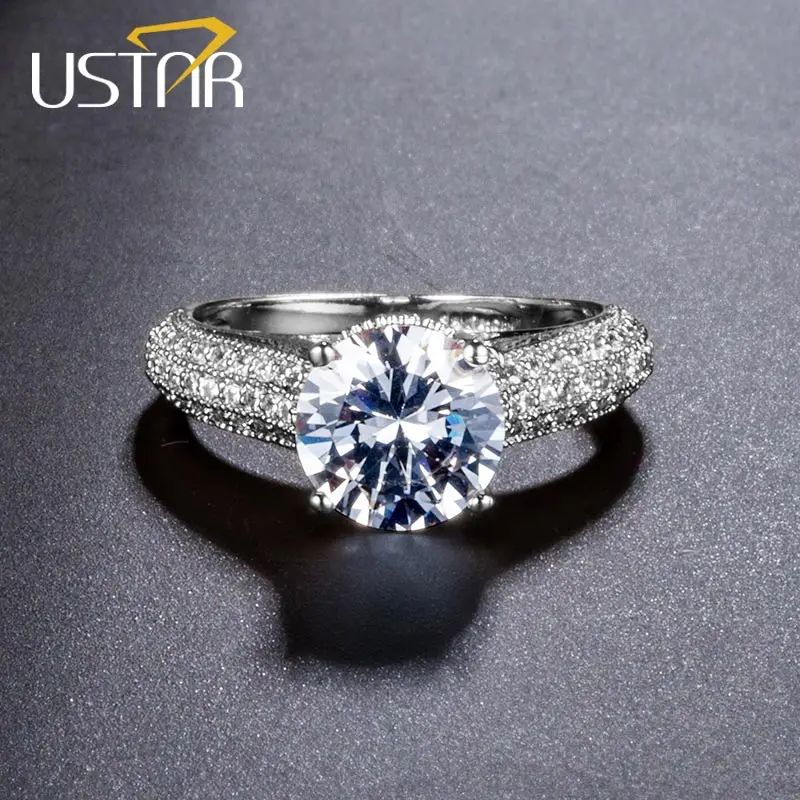 USTAR 1.25ct 7 мм AAA циркон обручальные кольца для женщин ювелирные изделия розовые золотистые Кристаллы Женские кольца для помолвки Anel высшего качества