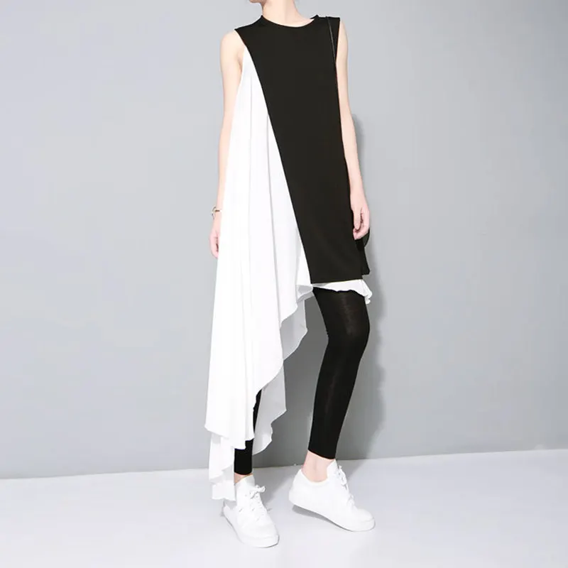 Original 2019 Summer Dress Women clothing fahion Chiffon white With Black Slim Sleeveless Asymmetrical Vestidos Women's Dresses | Женская