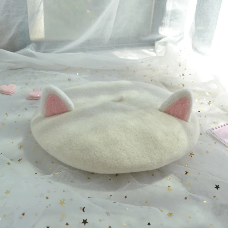 Milky white Ручной шерстяного фетра с кошачьими ушками береты express; meow родитель-ребенок почки шляпа - Цвет: Milky white