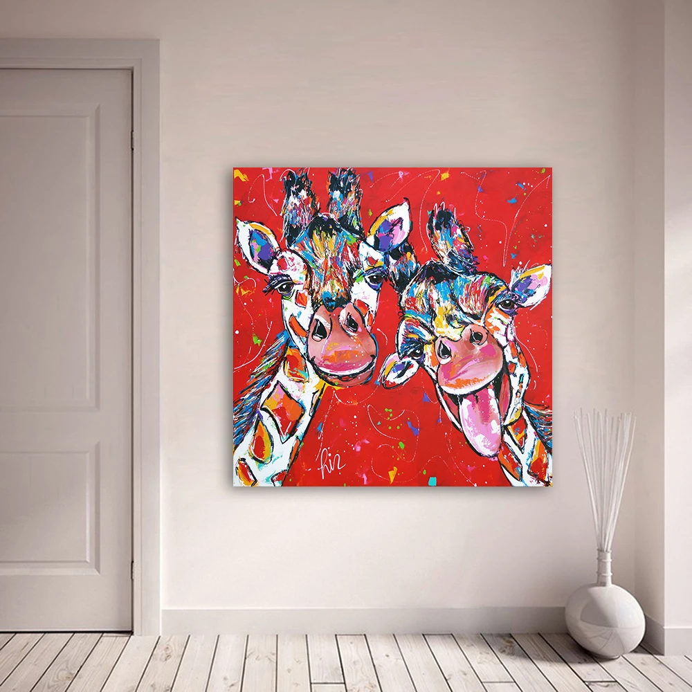 HDARTISAN Vrolijk Schilderij настенная живопись на холсте картина с животными принты домашний декор счастливый Жираф без рамки