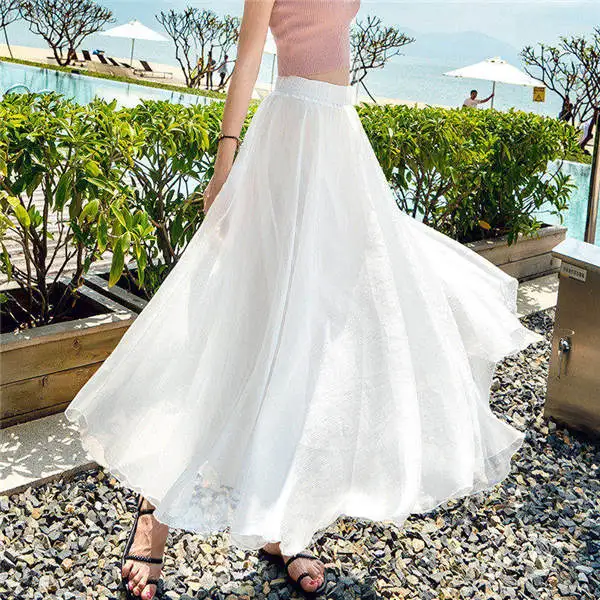 white skirt Длинная пляжная юбка для лета, Бохо юбка, 15 однотонных цветов, Cgiffon, макси юбки, Saia Longa Faldas, черная, серая, зеленая, синяя, красная женская юбка - Цвет: white skirt