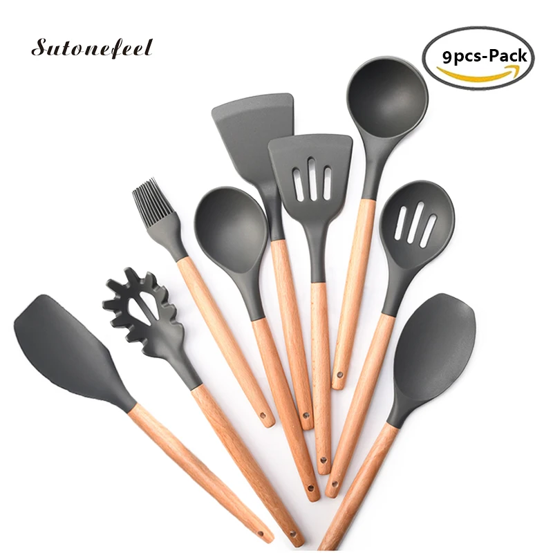 9CS деревянной ручкой Пособия по кулинарии посуда антипригарные Силиконовые