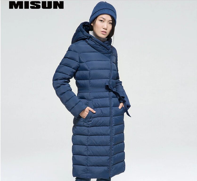 MISUN Girls WInter Jacket 2018 Oblique Plackets Long-Sleeve Sashes Hooded Slim Solid Medium-Long Coat Zippers Pockets MSD-G519C | Женская