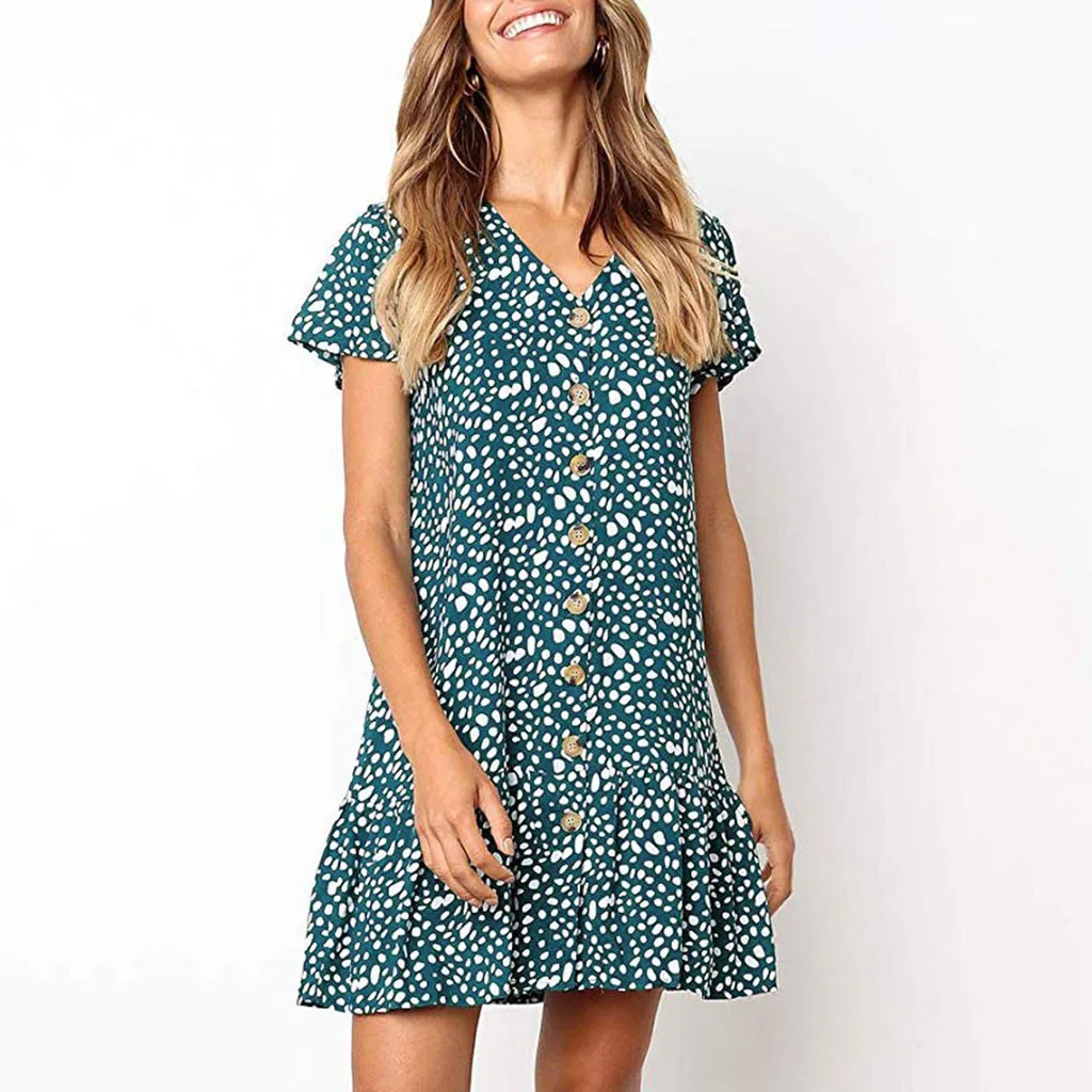 Для женщин Мода Лето горошек V образным вырезом на пуговицах оборками Мини платье