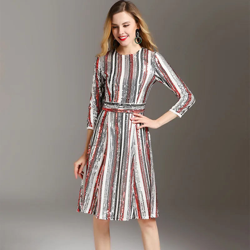 Высокое качество Весна 2019 Новая мода взлетно-посадочной полосы блестками платье