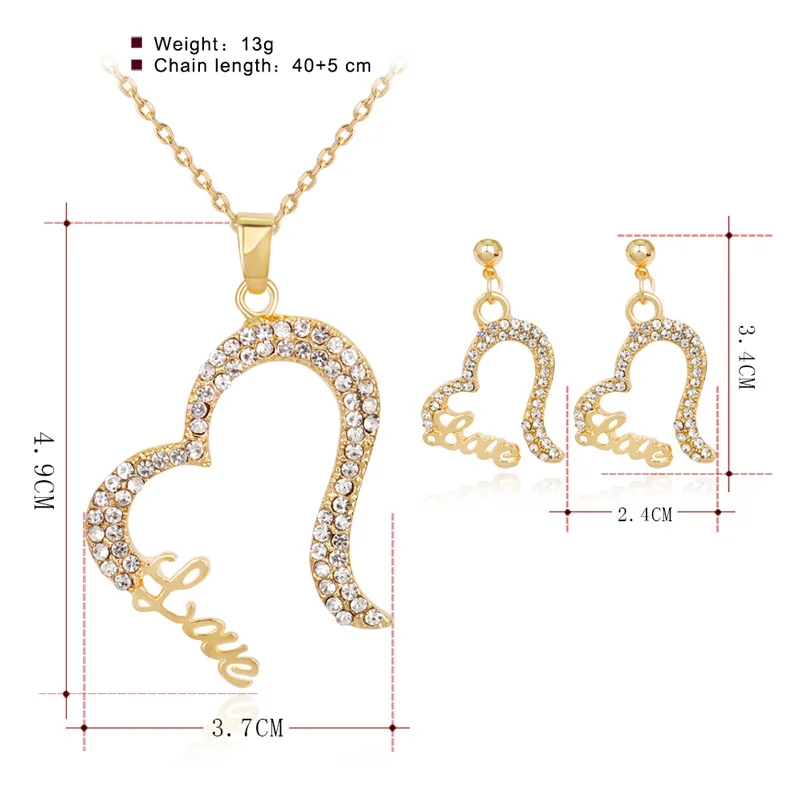 HC Fashion Heart Pendant Necklace Drop Earrings Set Jewelry for Girl Kids Party Gift Vintage Crystal LOVE Letter Children F | Украшения и