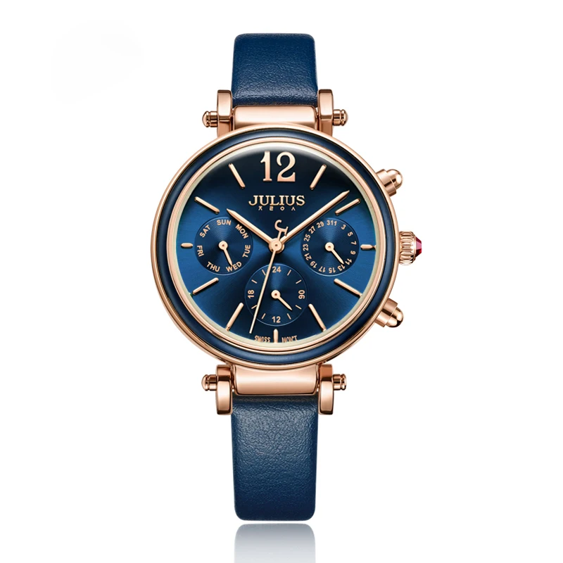 Julius Woman Three Eye Multifunctional Leather Wristwatches Classic Blue Waterproof Quartz Dress Watch Week 24 Hours Clock Reloj enlarge