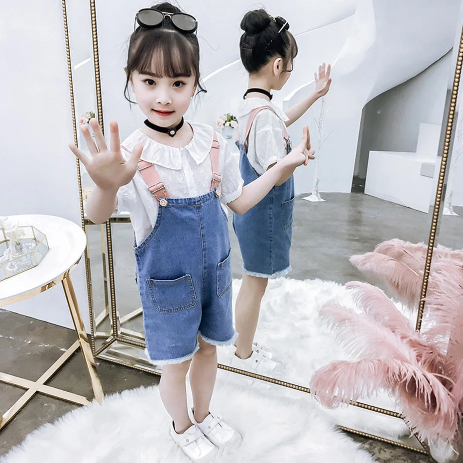 Комплект одежды для девочек белая блузка + джинсовый комбинезон летняя одежда из