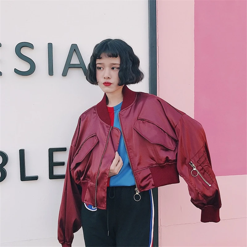 Зимняя куртка-бомбер для женщин Harajuku Pilot негабаритный свободный сплошной цвет рукав летучая мышь пальто короткий стиль Шикарный кольцо молния повседневная куртка