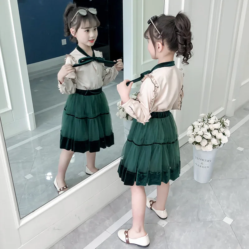 Одежда для девочек весна 2019 новая рубашка с юбкой костюм из двух предметов
