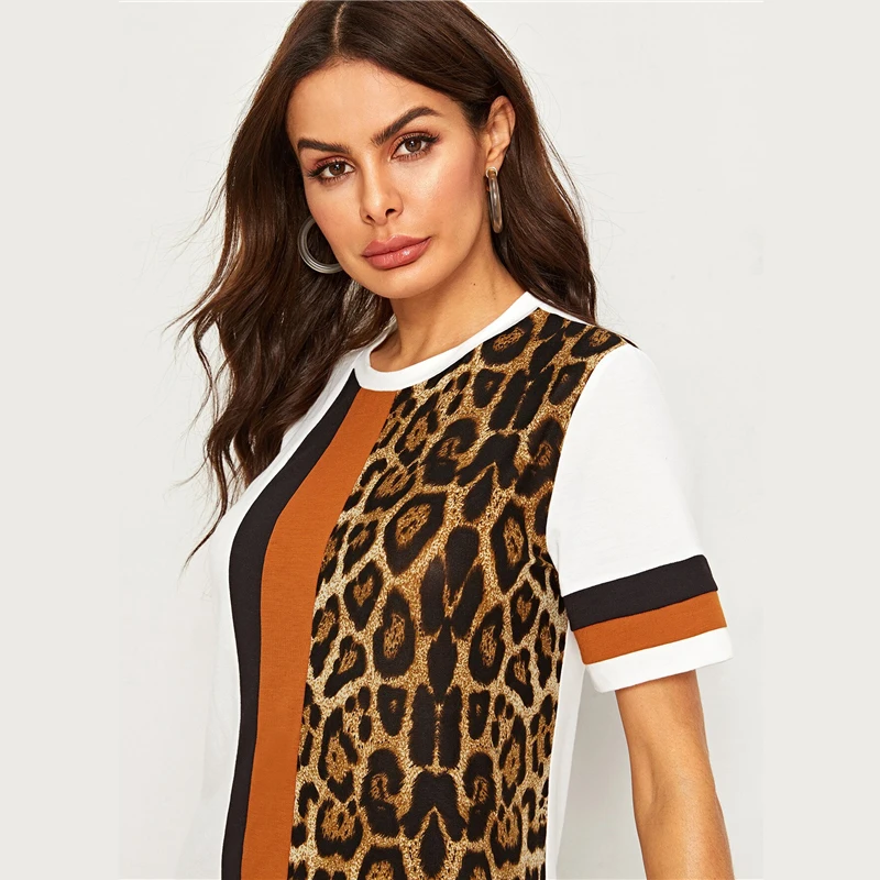 SHEIN летнее платье-туника с цветными блоками и леопардовым принтом, женское платье с коротким рукавом и круглым вырезом,, прямые свободные Короткие повседневные платья