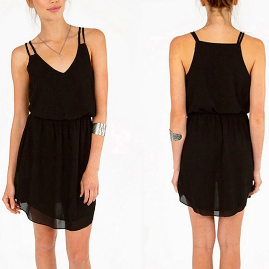 Женское летнее платье 2019 с v-образным вырезом без рукавов однотонная