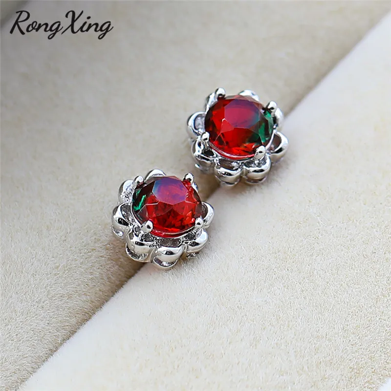 Rongxing Уникальный Розовый Красный Зеленый Кристалл Циркон серьги гвоздики для женщин 925 серебро Радуга камень серьги леди ювелирные изделия в стиле "Бохо"