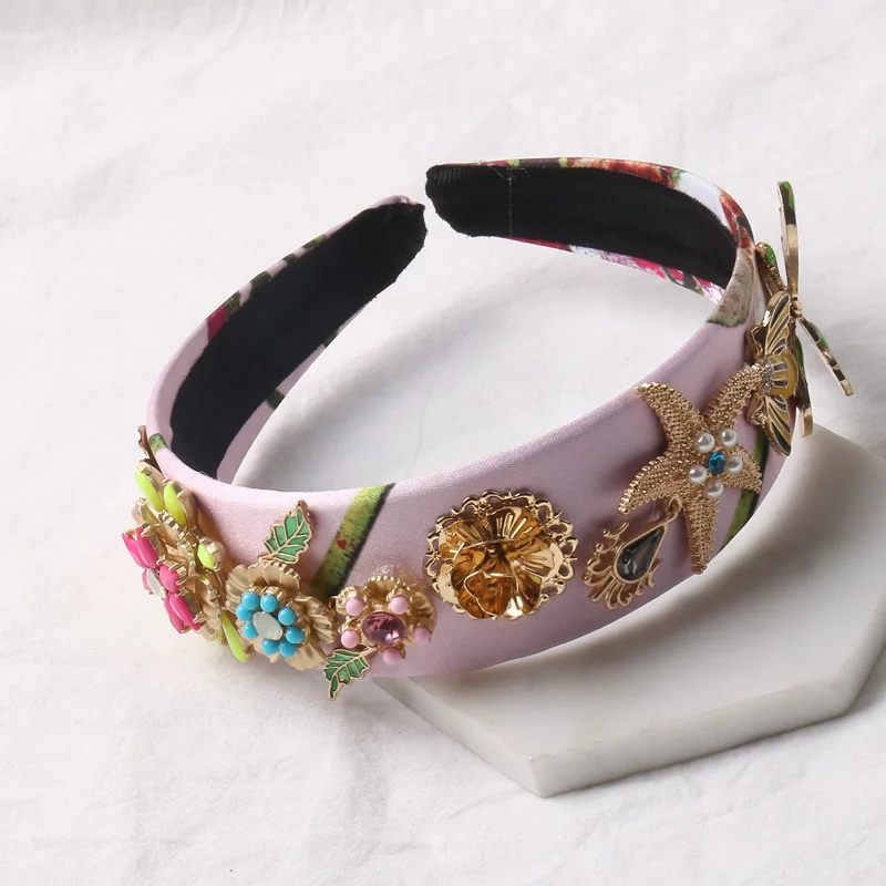 New Vintage Baroque Pink Silk Headbands For Women Resin Flower Gold Starfish Crowns Bridal Hair Ornament Head Jewelry Headpiece | Украшения