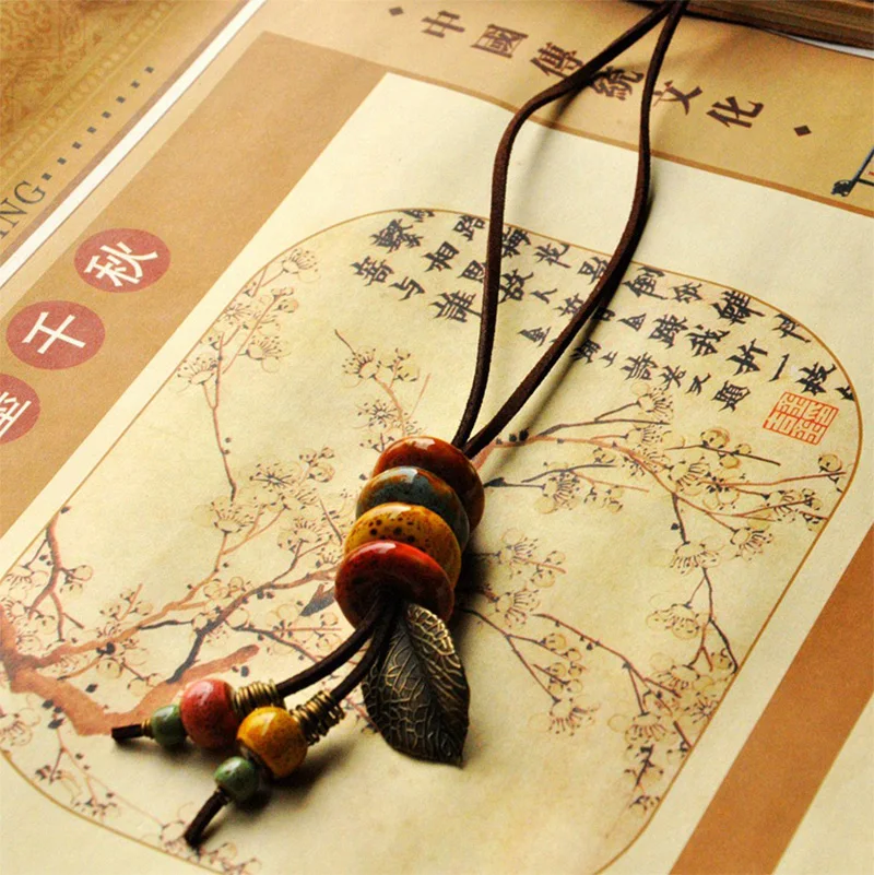 Бусы Подвески керамические круглые Длинная кожаная Цепочка с подвесками в виде