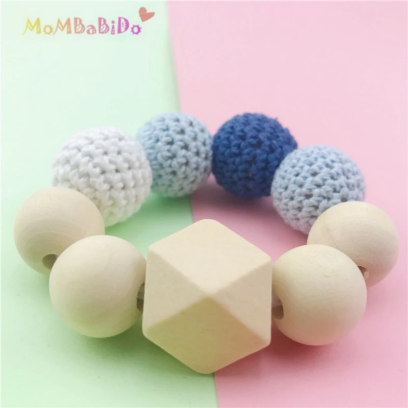 

Baby Teething Bracelet Teething Rattle Ring Wooden Teether Baby Shower Gift Wood & Crochet Baby Toy